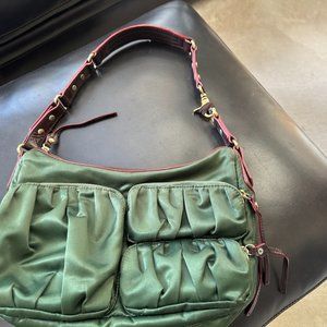 MZ Wallace green nylon with brown Italian leather straps shoulder bag
